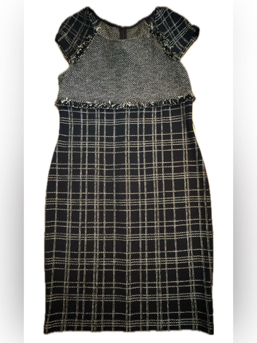 St. John Collection Black & Gray Plaid Tweed Midi Dress with Fringe Trim